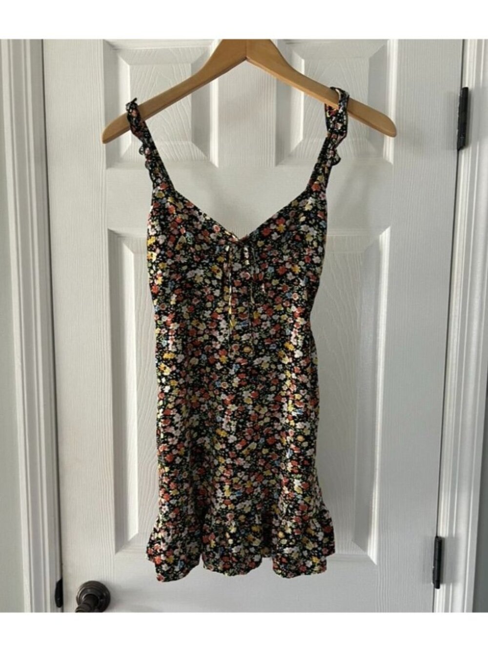 Shein Womens Floral Mini Dress Small Smocked Tie Front Ditsy Print Sundress